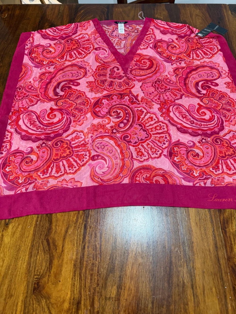 NWT Ralph Lauren Pink Orange Paisley Sheer V-Neck Tunic Swim Coverup